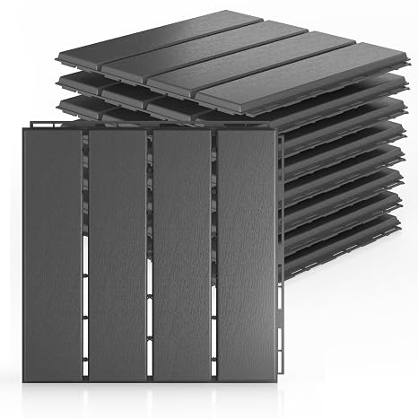 12"x12" Deck Tiles, 9 Pack Interlocking Patio Flooring, Dark Grey
