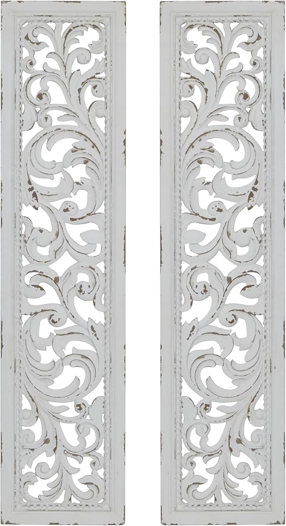 Deco 79 Wood Floral Home Wall Decor Intricately Carved Scroll Wall Sculpture, Set of 2 Wall Art 12"W, 50"H, White