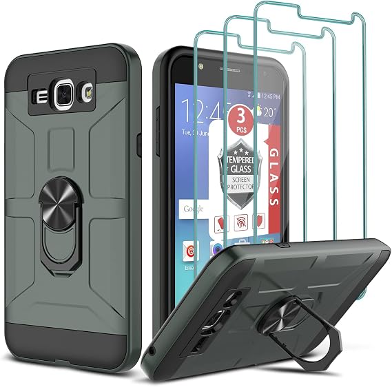 Case for Gaalxy J7 2015/Neo/J7 Core/J7 Duos/Nxt, J7 2015 Case with [3X Tempered Glass Screen Protector], Built-in Ring Kickstand and Magnetic Car Mount Shockproof Dropproof Armor Cover- Dark Green