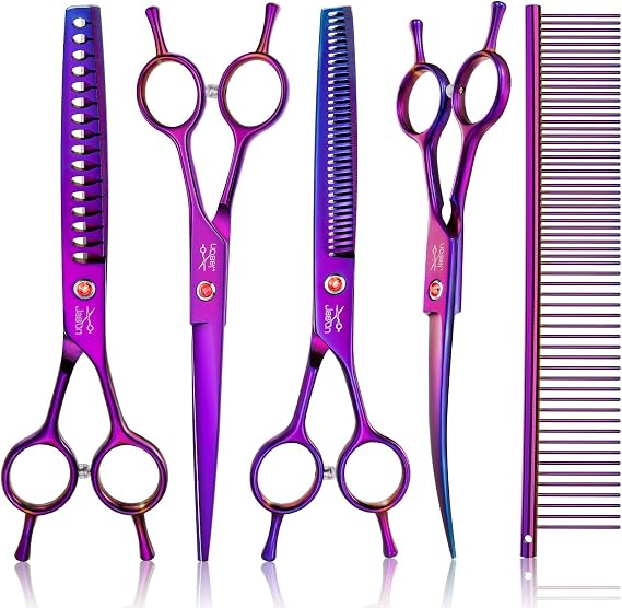 JASON Dog Grooming Scissors Set - 7 in 1 Professional Pet Sharp Shears Kit | Straight, Thinning, Chunker, Curved Shears and Comb for Long Short Hair for Dog Cat Pet, Gift