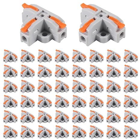 50pcs Compact Wire Conductor Connector, T-Shape Lever Nut Wire Connector, Quick Splitter 3 Way Electrical Connectors, AWG 28-12 (Orange)