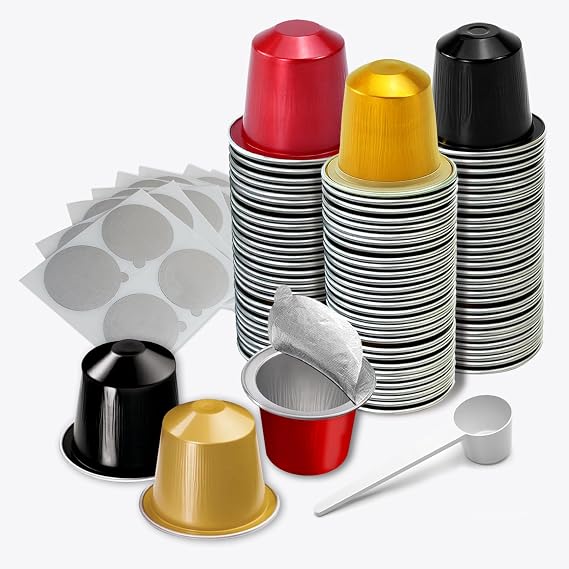 Espresso Capsules Refillable Coffee Pods For Nespresso Original Line,Disposable Aluminum Coffee Filter Capsule,Replacement Pods Kit For Nespresso Machine (60 Foil Seals Lids+60 Pods+1 Spoon)