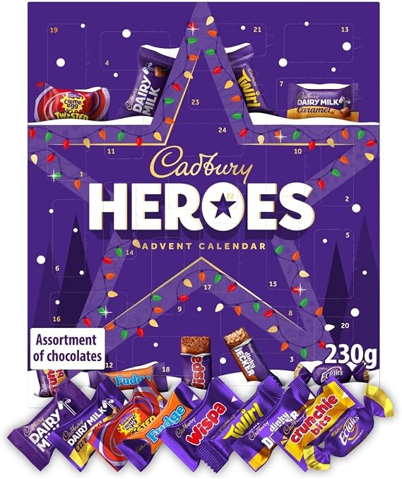 Cadbury Heroes Premium Festive Advent Calendar, 24 Assorted Mini-Size Milk Chocolate Bars, Perfect for your Christmas Countdown, 230g (Pack of 1)