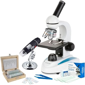 AmScope Super Savings - 40X-1000X Portable LED Monocular Student Microscope with 25-Piece Prepared Slides Set and Tweezers Plus Bonus Handheld Multi-USB Digital Microscope for PC and Android
