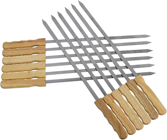 Blue Brazilian Skewers - 17 Inch Stainless Steel Kabob Skewers with Wooden Handle, 12 Pack BBQ Grilling Accessories