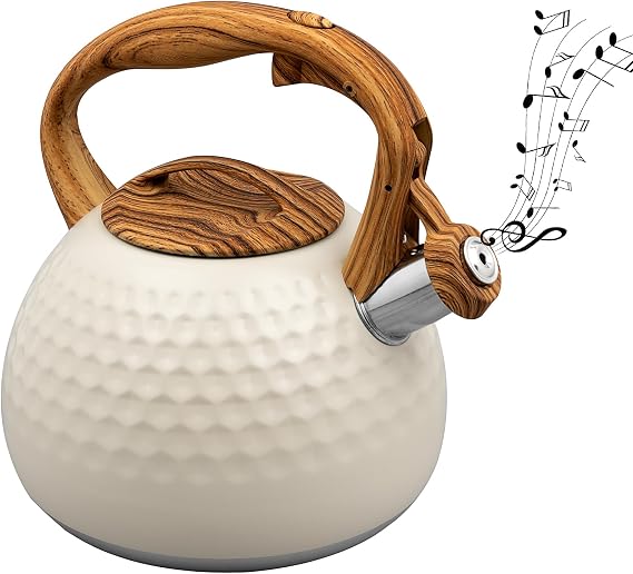 Tea Kettle for Stove Top, 3L Whistling Kettle with Wooden Spout (White)