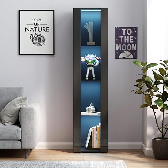 Modern Display Cabinet with Lights, 67" LED Storage Cabinet with Doors and Adjustable Glass Shelves, 4 Tier High Glossy Tall Black Bookcase with Storage, Kitchen Pantry Storage Cabinet (Black)