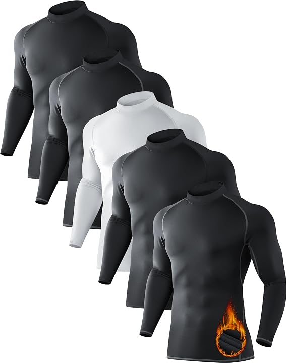 5 Pack Men's Thermal Compression Shirts Fleece Lined Turtle Mock Neck