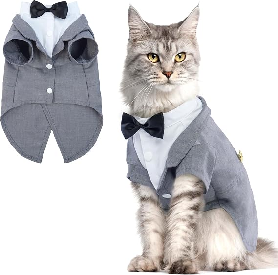 QBLEEV Cat Tuxedo Outfit with Bow Tie, Sphynx Cat Costume Formal Suit Wear