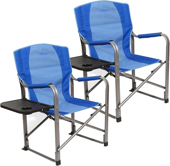 Kamp-Rite Director Portable Lounge Arm Chair Outdoor Furniture Folding Sports Chair with Side Table and Cup Holder, Blue (2 Pack)