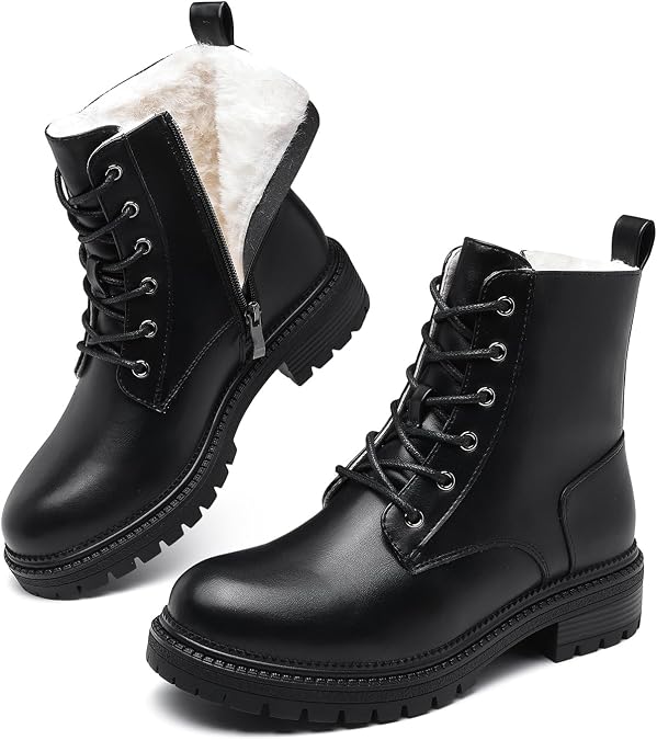 Bravover Womens Winter Ankle Boots Ladies Snow Boots Lace Up Combat Boots Side Zip Water Resistant Biker Boots Chunky Rubber Lug Sole Low Heel Walking Boots