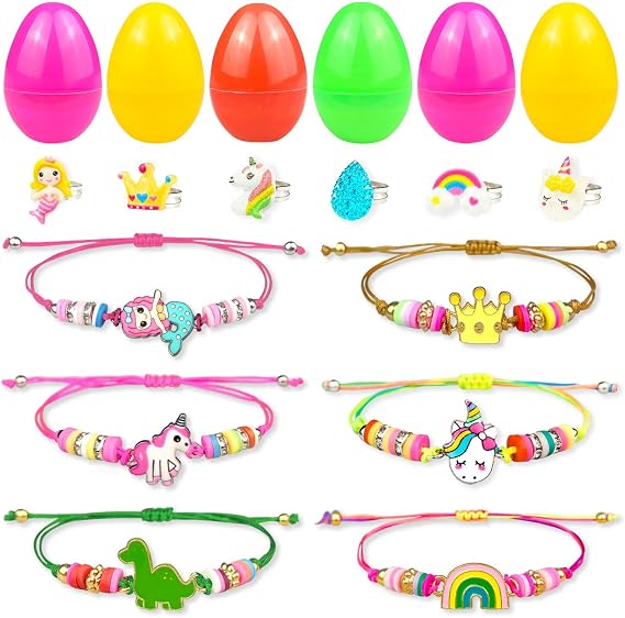 Easter Basket Stuffers for Girls Kids Prefilled Girls Easter Eggs Filled 6 Pack Eggs with Colorful Bracelet and Ring Inside Plastic Easter Eggs Stuffers Easter Toys for Kids Toddler Easter Gifts