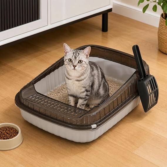 Cat Litter Tray High Sided - Open Top Cat Litter Box with Scoop & Detachable Rim | Anti-Splash Plastic Kitten Toilet Easy to Clean Non Stick Semi Enclosed Pet Litter Box for Cats Kittens (Gray)