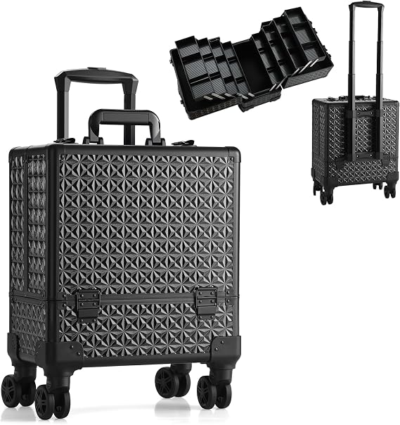 Professional Makeup case - Rolling Salon Trolley with Wheels, Makeup Box and Travel Suitcase for Cosmetology, Nail tech or Tattoo Storage (Black-8045)