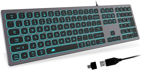 POWZAN Aluminum Quiet Wired Slim Chiclet Keyboard - Compatible with Apple iMac, MacBook, Mac and PC, USB Numeric Keypad RGB Lighted Key - Space Gray