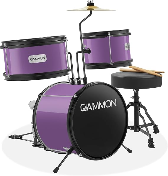 Gammon 3-Piece Kids Drum Set with Throne - Purple, Junior Beginner Kit with Bass Drum, Toms, Cymbal, Pedal, and Drumsticks