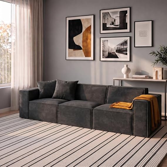 ROVE LAB M1 Three Seater Sofa – Sustainable, 3-Seat Modular Couch for Living Room – Easy One-Person Assembly, High-Density Foam, Spill-Proof Fabric (Carbon Black)