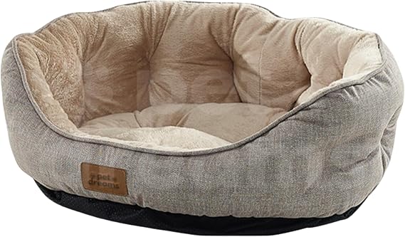 Pet Dreams Sprit Luxury Cat/Dog Bed, Anti-Slip Underlayment, Certified Plush Fabric, Washable, Silicone Fiber Filled (Beige, 60 x 50 cm)