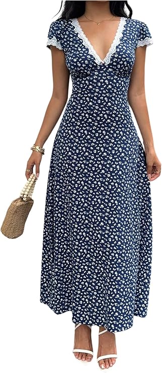 Milumia Women's Polka Dots Lace Trim V Neck Dress Short Sleeve Long Dresses
