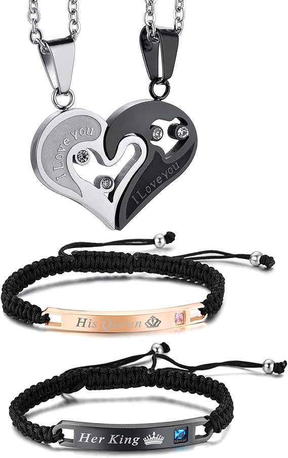 Cupimatch 2 Pairs Couple Matching Necklace Bracelets Set, Stainless Steel Adjustable I Love You Heart Puzzle Necklace His and Hers Bracelets Her King His Queen CZ Relationship Bangle