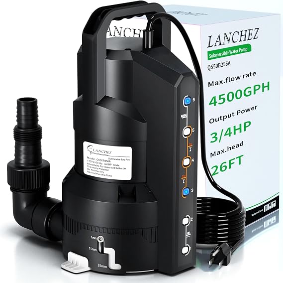 LANCHEZ Sump Pump with 6 Modes, Clean/Dirty Submersible Water Pump, Automatic Thermoplastic Water Removal Transfer Pump with 16FT Cord for Pools Basement Garden Pond, Medium