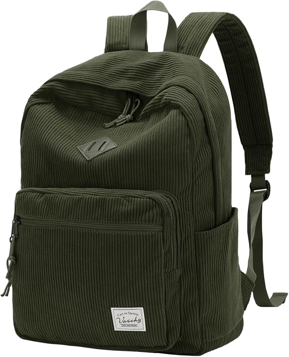 VASCHY Corduroy School Backpack, Vintage Casual Kawaii Girls School Bag Cute Aesthetic Fuzzy Fluffy Plush Fleece Laptop Rucksack Daypack for Travel Teens/Man/Women, Dark Green
