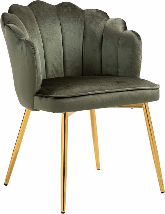 Modern Velvet Chairs Comfy Upholstered Vanity Chairs for Bedroom Armchair Dining Chairs with Golden Metal Legs Petal Shape Back Vanity Desk Chair, for Women, for Kids, for Girls(Army Green)