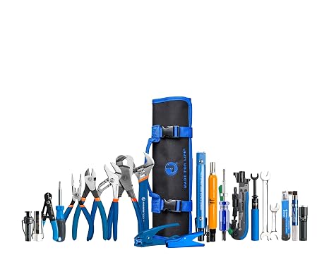 Jonard Tools TK-822 Professional CATV Communications Tool Kit - 25-Piece Coax Cable Installer Set with Crimpers, Strippers, Wrenches, Tester, Flashlight & Roll-Up Pouch