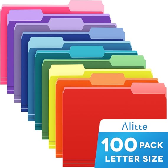 Alitte Colored File Folders Letter Size - 100-Pack Bulk, 10 Assorted Color File Folders for Documents, 1/3 Cut Tab - Office Supplies for Filing Cabinet, Desk, and File Folder Organization