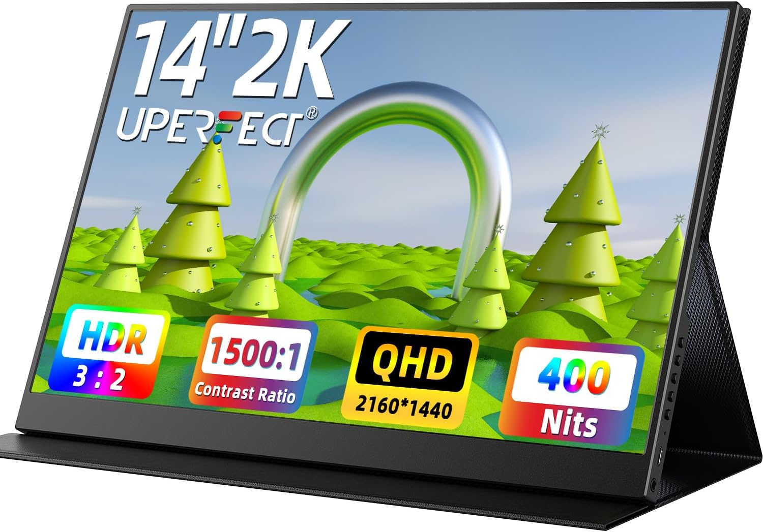UPERFECT 2K Portable Monitor, 14 Ultra Slim Portable Laptop Monitor 2160  1440 QHD External Display with Dual Speakers HDR FreeSync Second Screen for Laptop PC Phone Game Console