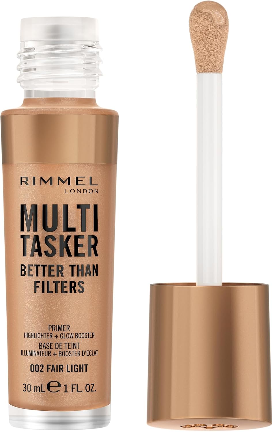 Rimmel Multi Tasker Better Than Filters, 002 Fair Light, 3 in 1 Face Primer, Glow Booster and Highlighter, Flawless Finish, Infused with Vitamin C and E, Maxi Soft Applicator, Vegan, 30ml