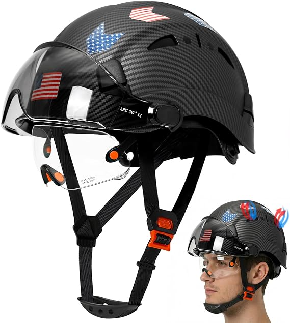 Carbon Fiber Pattern Hard Hat with Visor - Hard Hats with Double Safety Glasses Construction OSHA Approved for Men,Vented Safety Helmet with Chin Strap,ANSI Z89.1 Type 1 Hardhats