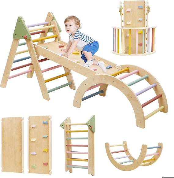 Montessori Climbing Set Wooden Foldable 7 in 1 Climber Toys for Toddlers 1-3 Baby Jungle Gym Indoor Slide Playground with Ramp & Arch & Ladder Large Kids Activity Center Boy/Girl Gift