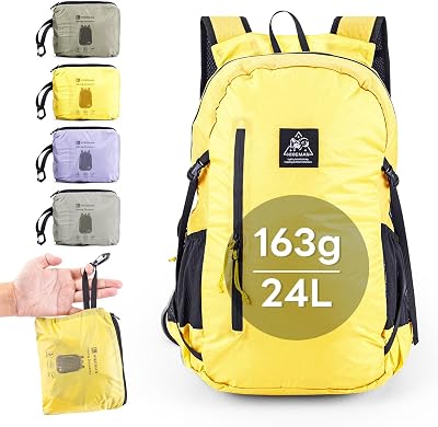 24L Lightweight Packable Backpack waterproof Foldable Hiking Backpacks Small Folding Day pack for Travel day bag for Man Woman Daypack for day trips camping backpacking trips Yellow