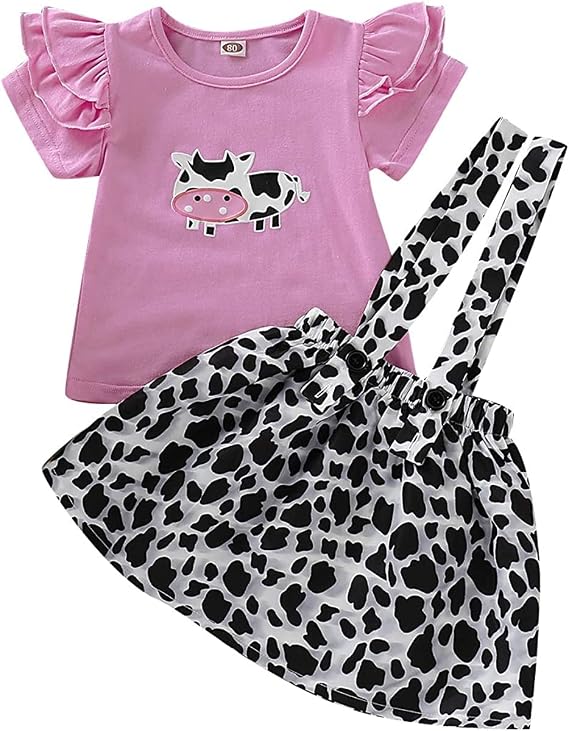 Toddler Baby Girl Ruffled Fly Sleeve Cow Top Shirts + Leopard Suspender Skirts Overall Dress Clothes