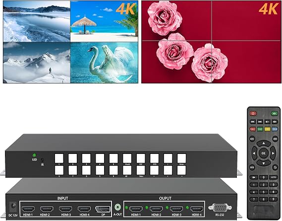 ICUIXIAN Multi-View 4x4 Seamless HDMI Matrix Switch 4 Input Video Wall Controller 2x2 4K60Hz 4:4:4 24-bit, HDMI 2.0, 18Gbps, Rs-232, 1x4-4x1-1x3-2x1-2x2 Video Wall 90-180° Rotate,4x4 Matrix(UD-0404)