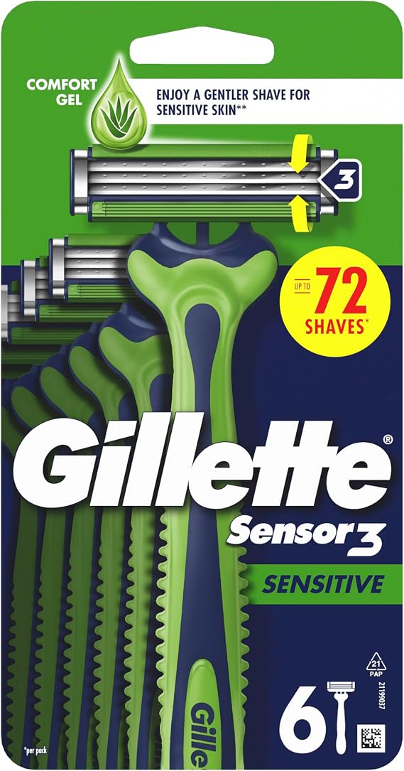 Gillette Sensor3 Sensitive, Disposable Shaving Razors for Men, Men’s Razors with Lubrastrip and a Touch of Aloe Vera,6 Pack