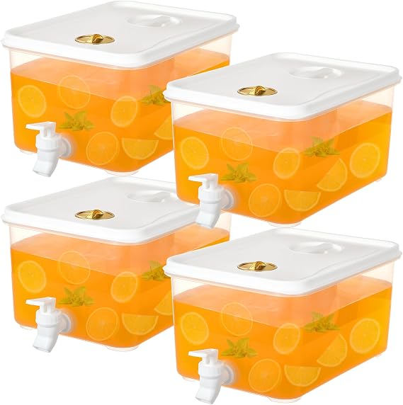 4 Pack 5L Fridge Beverage Drink Dispenser Plastic Water Dispensers with Tap Plastic Cold Drink Juice Beverage Dispenser Jug for Party Drink Cold Brew Milk Cocktail Juice Iced Tea