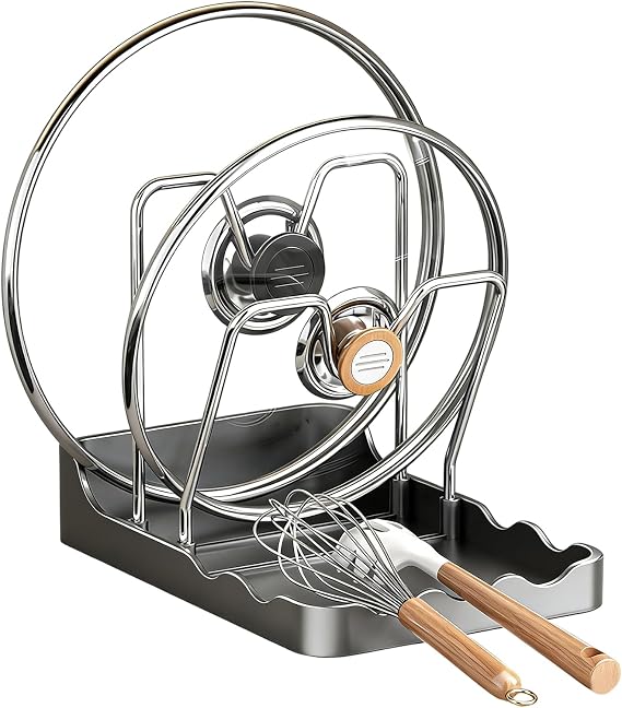Kitchen Pot Lid Storage Rack, Pot Lid Holder, Spoon Rest Holder Pan Pots Lids Organizer Racks with Removable Tray, Multifunctional Spoon Pots Cover Lids Holders While Cooking Organizer Stand