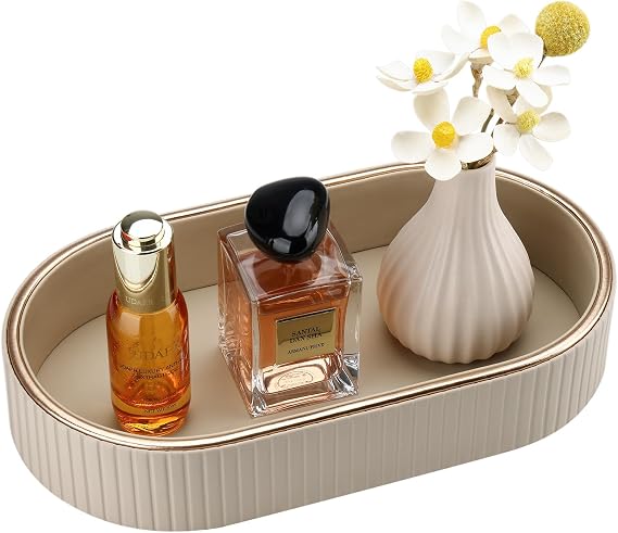 GORESE PU Leather Perfume Tray Nightstand Organizer, Small Oval Desk Tray Jewelry Trinket Trays Valet Organizer Key Bowl for Entryway Dresser Bathroom, Catchall Trays for Men Women, 115.9 in, Beige