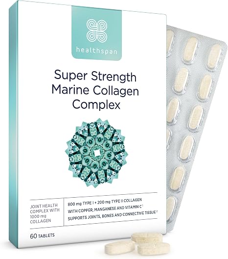 Healthspan Marine Collagen Complex 1000 mg Type I + 200 mg Type II Collagen Supports Joints Bones and Connective Tissue Additional Benefits for Skin and Beauty 60 Tablets