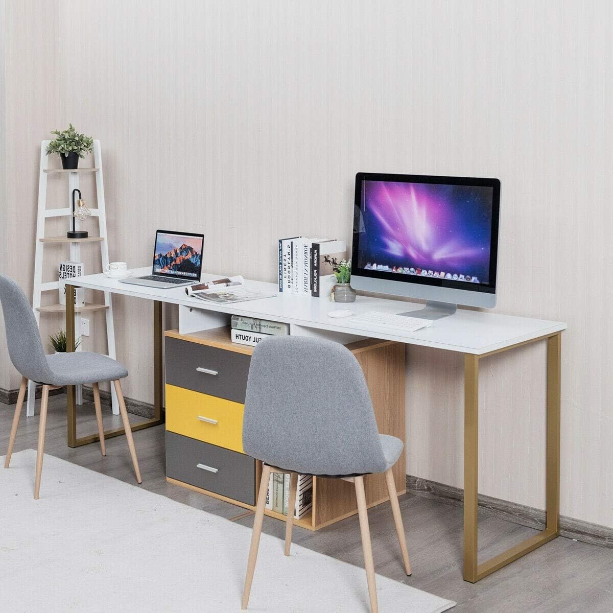 Home Office Furniture Decor 87 Inches 2 Person Adjusting White Laptop Computer Study PC Desk L-Shaped Corner Game Table Long Large Working Desktop Spacious Storage Space Versatile Easy Assembly