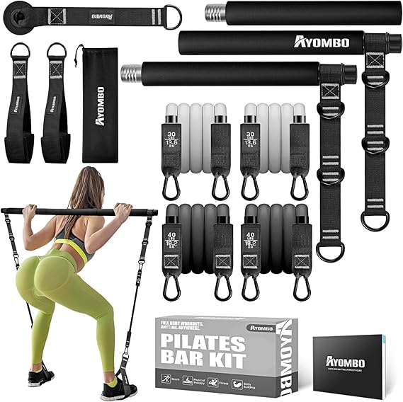 Pilates Equipment, Pilates Bar Kit with Resistance Bands for Women, Home Workout Equipment for Legs, Hip, Waist, Arm, Squats Exercise Equipment for Home Workouts, Adjustable 3-Section Pilates Bar Kit