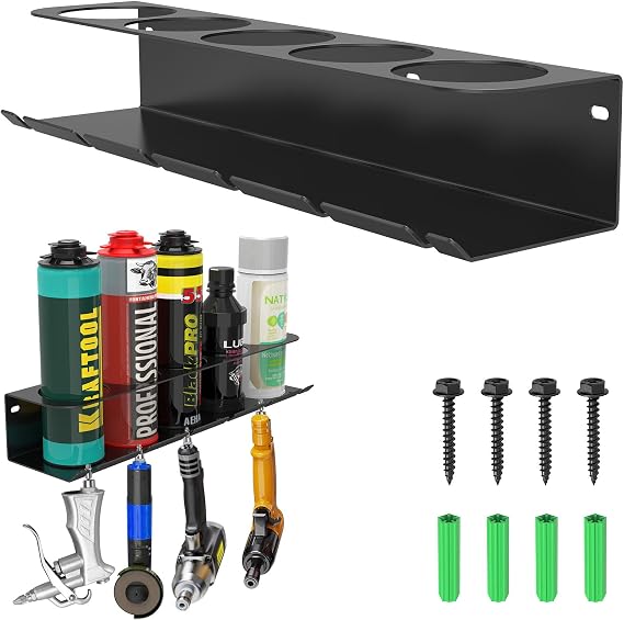 Wall Mounted Pneumatic Tool Holder/Aerosol Rack Combo, for Garage Workspace