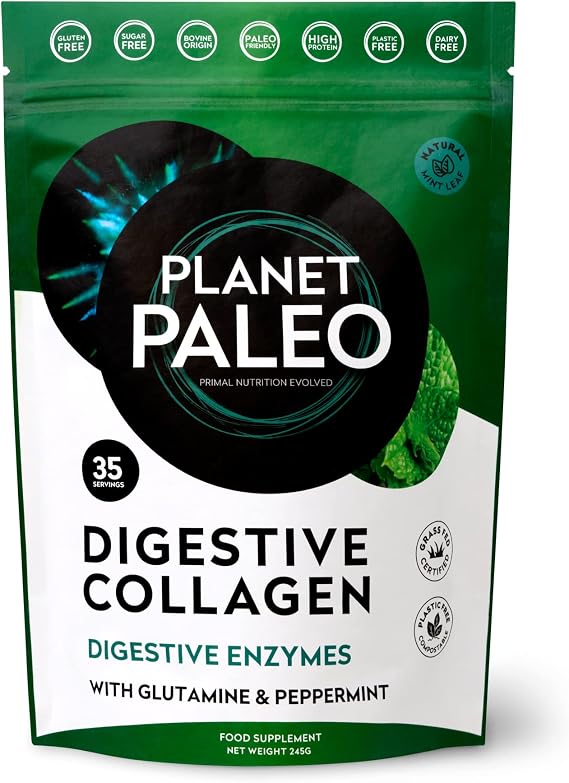 Planet Paleo Digestive Collagen Powder for Gut Health (245g, 35 Servings) Grass-Fed Bovine Collagen Peptides, with Liquorice, L-glutamine and Probiotics, Supports Digestion & Nutrient Absorption, Mint