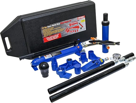 10 Ton (20,000 lbs) Porta Power Hydraulic Jack Ram Body Frame Collision Repair Kit, 17-Pc Heavy Duty Steel Set with Gauge & Blow Mold Case for Auto, Truck, Farm