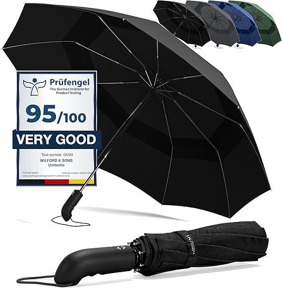 Umbrella Windproof Compact - Strong Storm Proof Frame + Auto Open Close | Women Mens Lightweight Small Travel Folding Golf Brolly + Double Canopy, Ergonomic Handle | Water Resistant Teflon Black