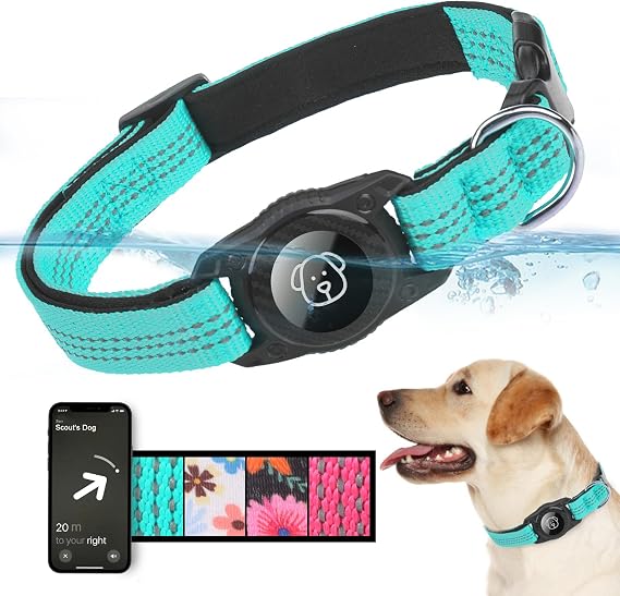 BINGPET AirTag Dog Collar,IP68 Waterproof Airtag Holder,Ultra-Durable Reflective Dog Collar with Padded for Tracker,Adjustable Heavy Duty Dog Collar for Small Medium Large Dogs(M(15"-19"),Blue)