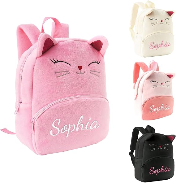 personalised backpacks for girls,personalised toddler backpack, Custom Name Toddler School Bag for Nursery Kindergarten, Cute Cat Design Lightweight Kids Backpack Travel Bag (Pink)