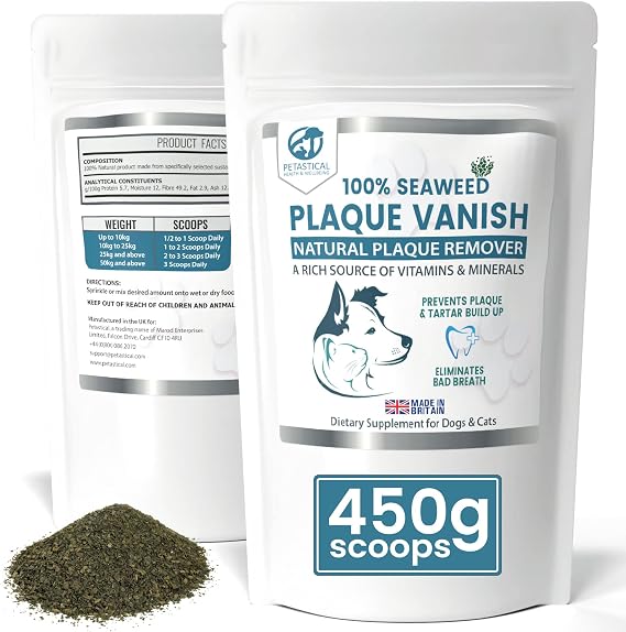 Plaque Vanish | 100% Natural Seaweed Dental Powder | Plaque Off Tartar Remover for Dogs & Cats | Banish Bad Breath | Made in UK (450g)